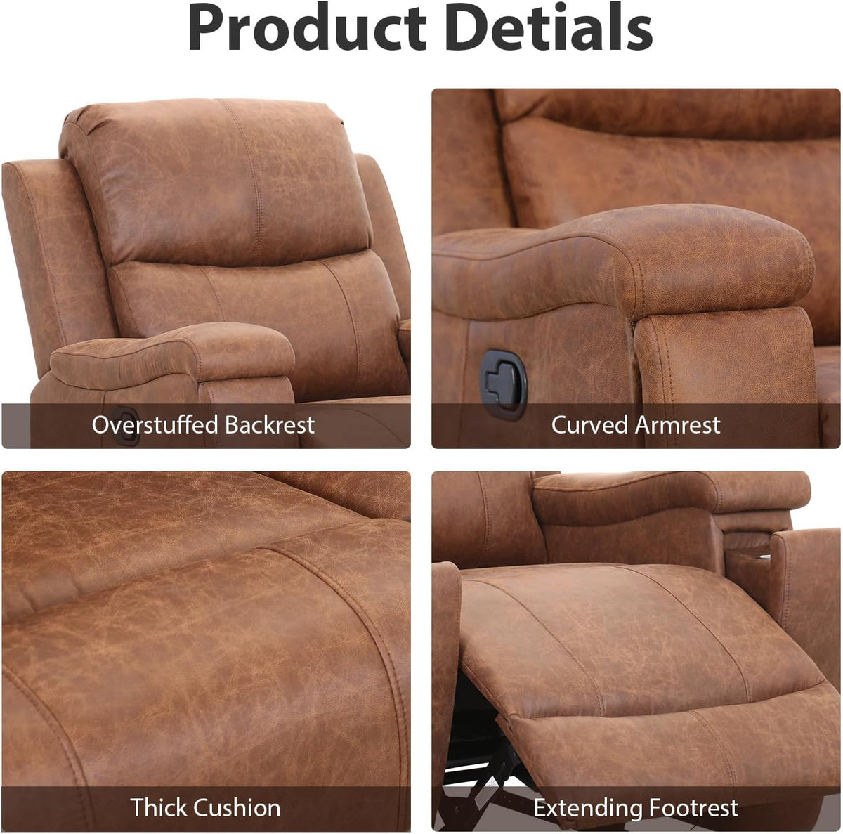 Brown Recliner Chair, Single Overstuffed Sofa Recliners, Breathable Faux Leather Manual Reclining