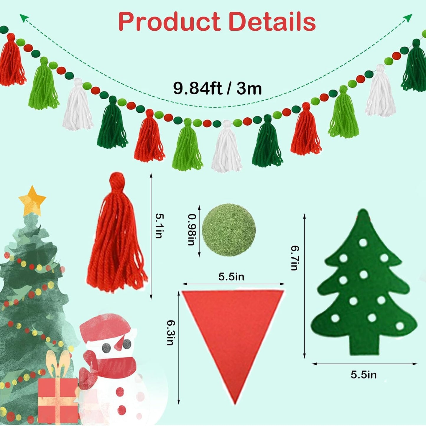 4 Pcs Christmas Tassel Garlands, 9.8 Feet Pom Pom Balls Garland Decor, Colorful Felt Fabric Pennant