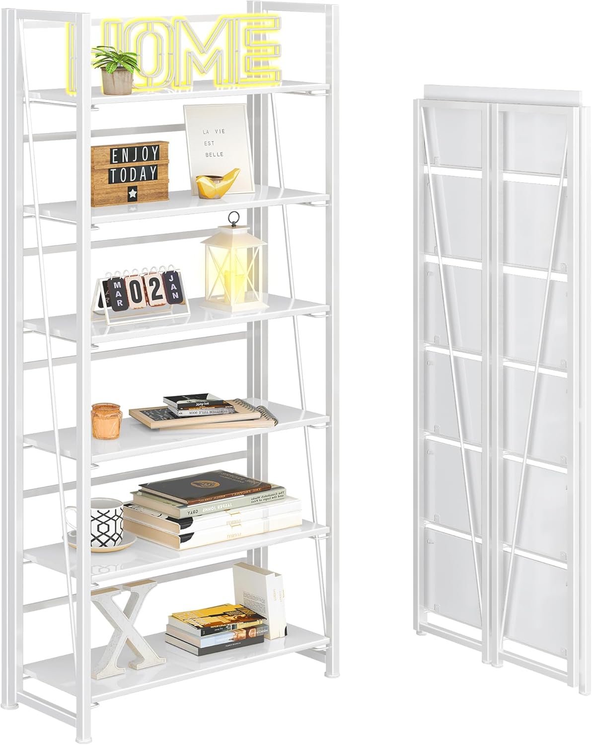 4NM No Assembly Foldable Bookshelf, 6-Shelf Collapsible Bookcase Storage for Small Spaces, 74" H