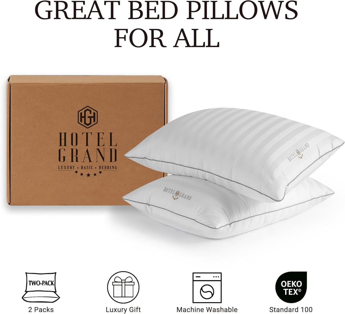 Hotel Grand Softy-Around Feather Down Pillows Queen Size Set of 2 Packs White Strip 100% Cotton