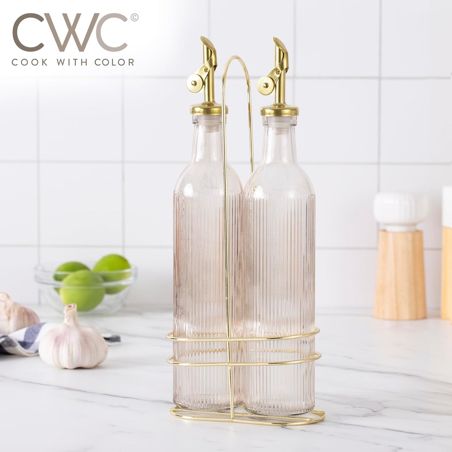 COOK WITH COLOR Glass Olive Oil Bottle Dispenser - 2 Pack- 17oz Oil and Vinegar Cruet - Olive Oil