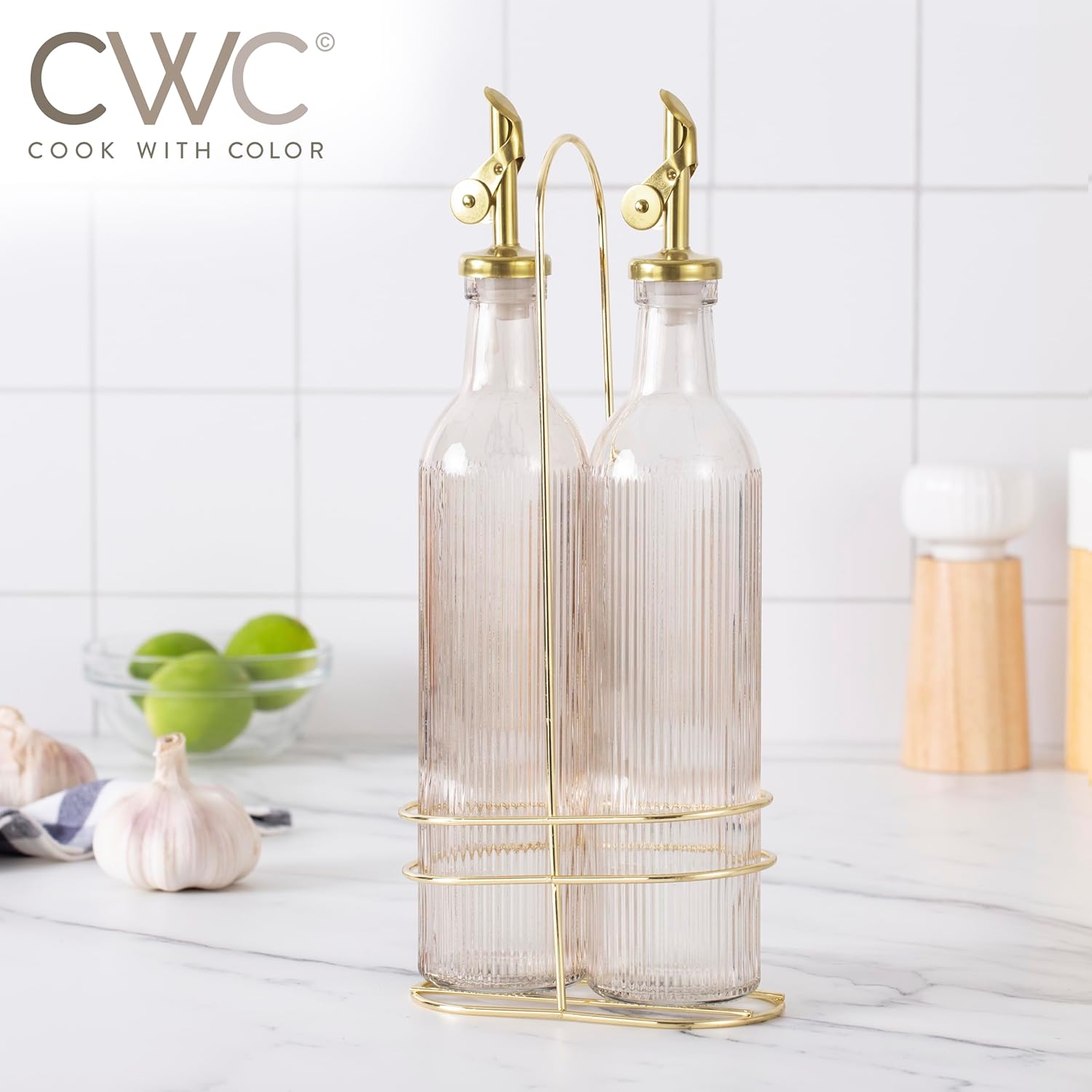 COOK WITH COLOR Glass Olive Oil Bottle Dispenser - 2 Pack- 17oz Oil and Vinegar Cruet - Olive Oil