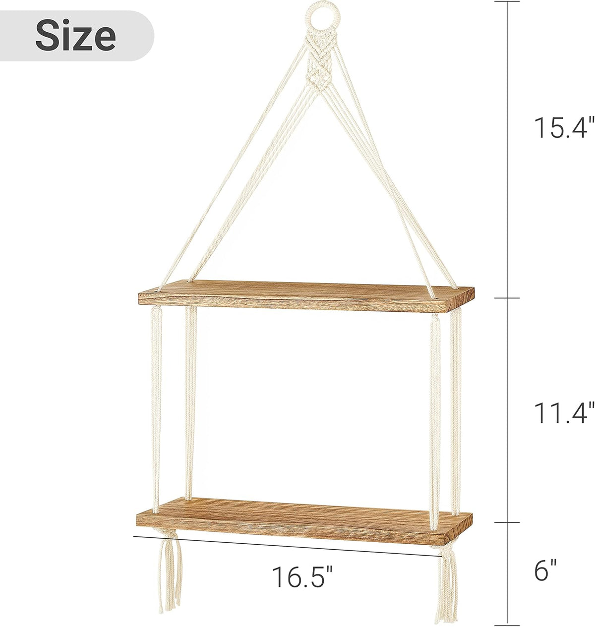 Mkono Macrame Hanging Shelf Boho Wall Decor 2 Tier Handmade Cotton Rope Rustic Wood Floating