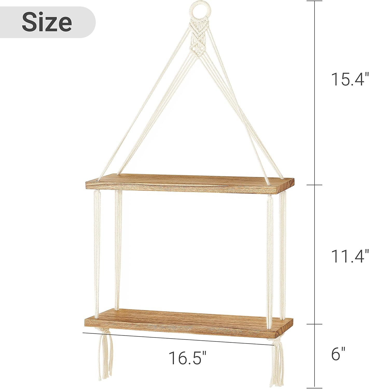 Mkono Macrame Hanging Shelf Boho Wall Decor 2 Tier Handmade Cotton Rope Rustic Wood Floating