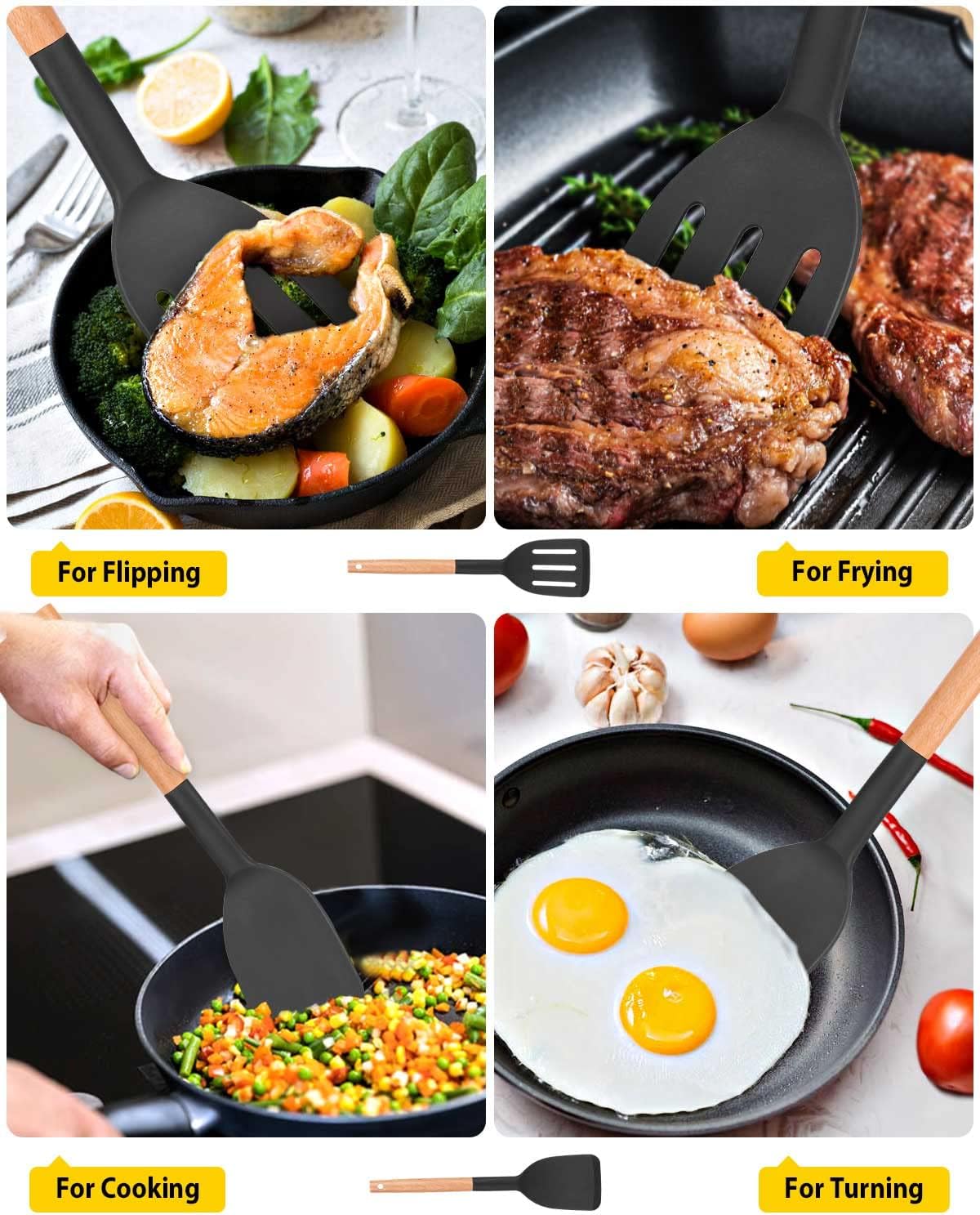 Pack of 2 Silicone Cooking Spatula, Heat Resistant Solid Turner, Non Stick Slotted Spatulas with