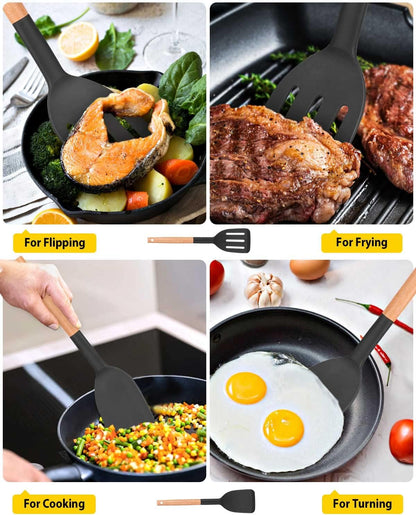 Pack of 2 Silicone Cooking Spatula, Heat Resistant Solid Turner, Non Stick Slotted Spatulas with