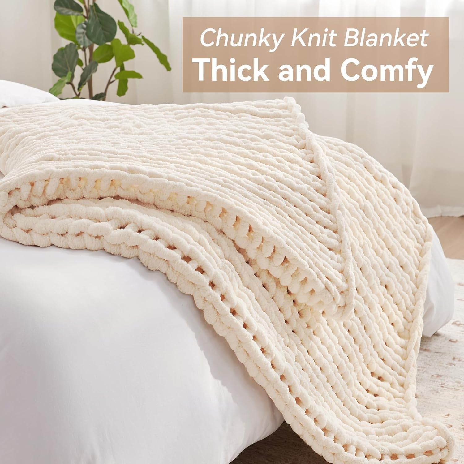 Chunky Knit Throw Blanket, 80''*90'' Knitted Throw Chenille Yarn for Bed Couch, Handmade Cream