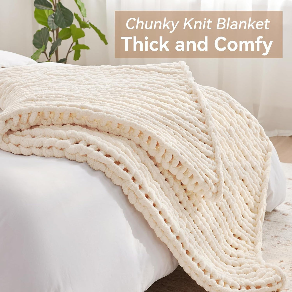 Chunky Knit Throw Blanket, 40''*50'' Knitted Throw Chenille Yarn for Bed Couch, Handmade Cream