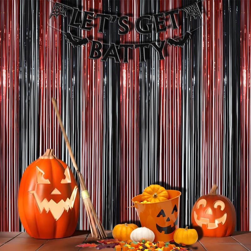 BRAVESHINE Tinsel Photo Backdrop Curtains - 2 Pack 3.2x8.2ft Black Red Foil Fringe Streamer Curtain