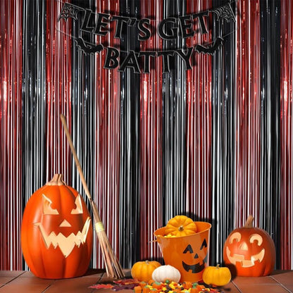 BRAVESHINE Tinsel Photo Backdrop Curtains - 2 Pack 3.2x8.2ft Black Red Foil Fringe Streamer Curtain