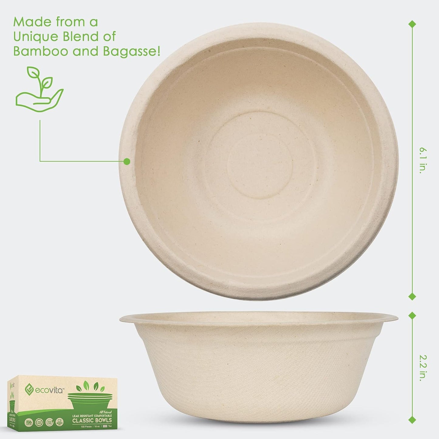 100% Compostable Paper Bowls [16 oz.] – 150 Disposable Bowls Eco Friendly Sturdy Tree Free Liquid
