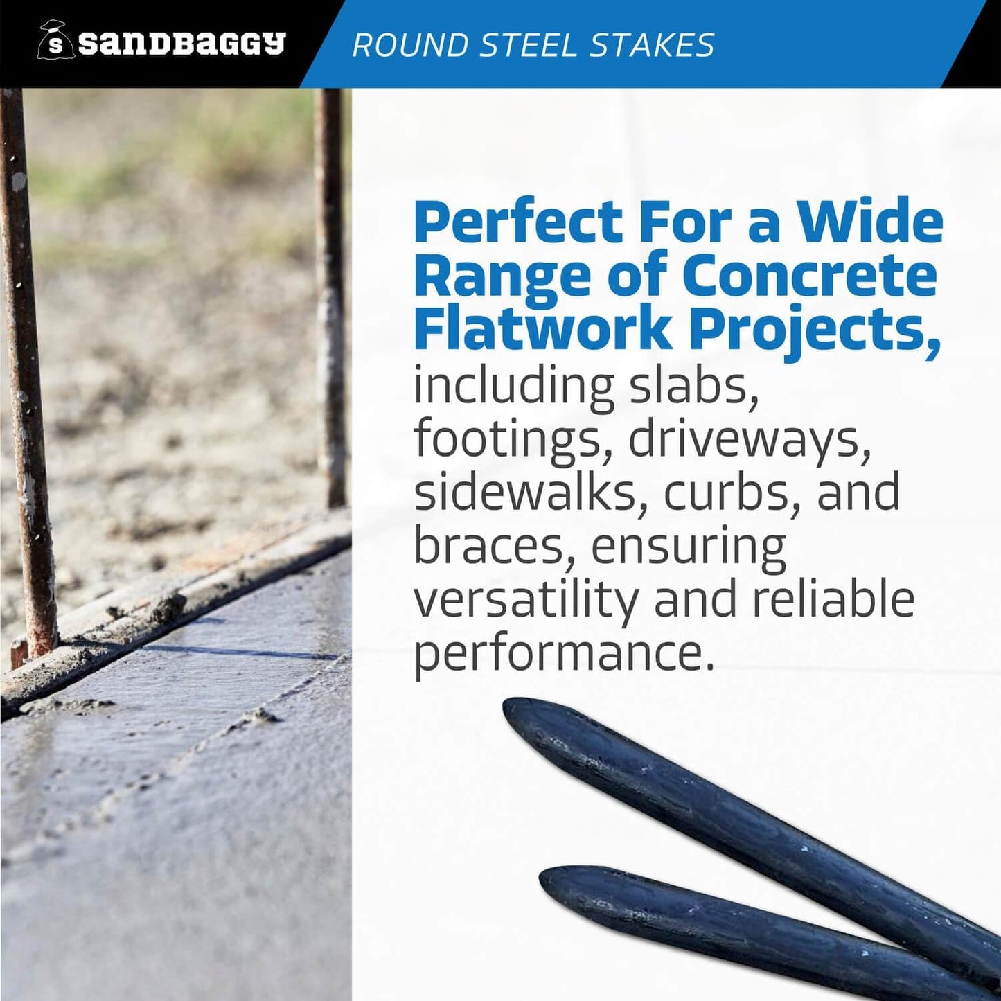 Sandbaggy Round Steel Concrete Form Stakes with Nail Holes - Rust Resistant Coating - Removable