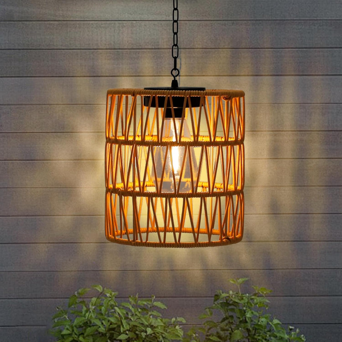 Livinlarge Solar Chandelier Lantern,Outdoor Rattan Pendant Lights,Waterproof Boho Hanging Lamps