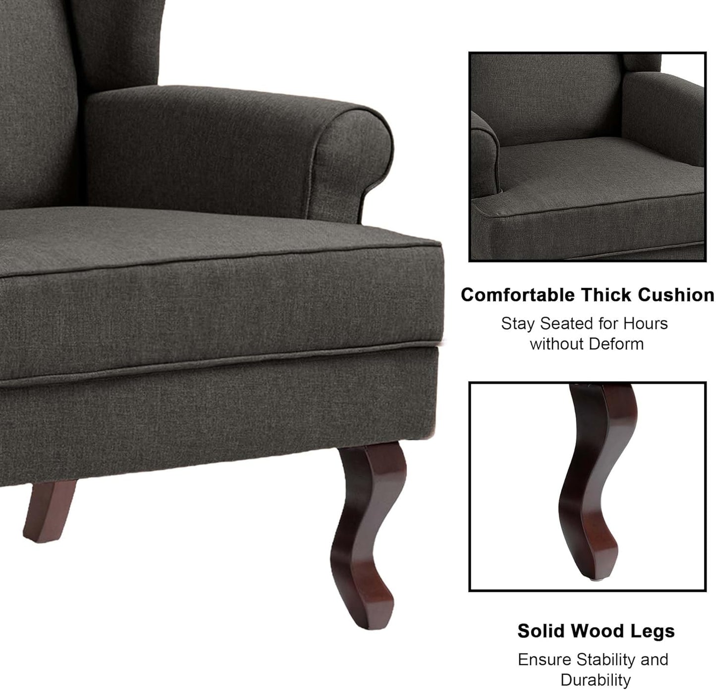 Accent Chair, High Back Upholstered Armchair with High Resilience Sponge & Wood Legs, Mid-Century