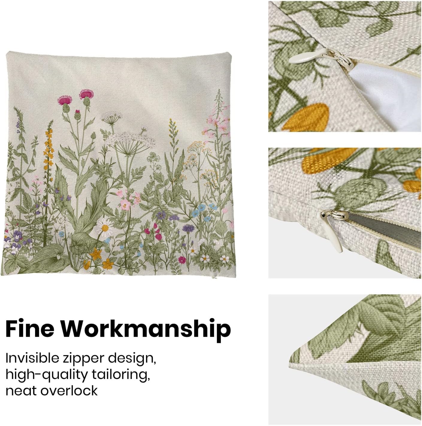 Spring Floral Pillow Covers 18 x 18 Inch Set of 2 Vintage Sage Green Wild Flowers Decor Throw