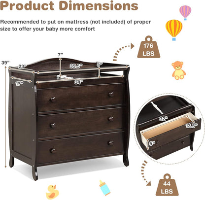 Costzon 3-Drawer Changing Table, Infant Diaper Changing Station with Drawers, Safety Rails & Strap