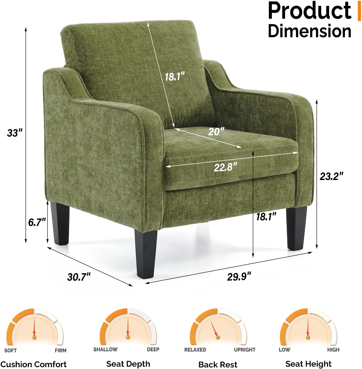 VINGLI Accent Chairs Set of 2 Living Room Chairs Olive Green Reading Chair for Bedroom Scooped Arm