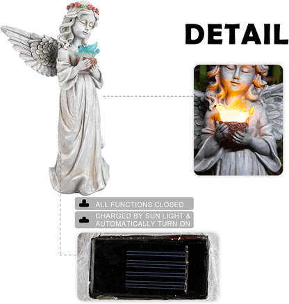 Angel Garden Statue Outdoor Decor, Angel Garden Figurine Hold Dove with Solar Lights Waterproof