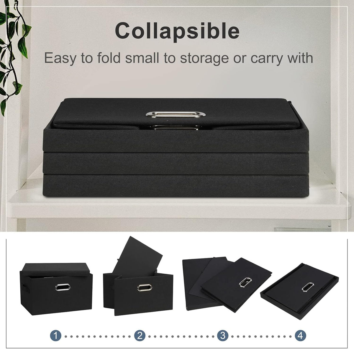 Medium 15" 21 Quart Collapsible Stackable Storage Bins with Lids, 3 Packs Black Foldable Fabric