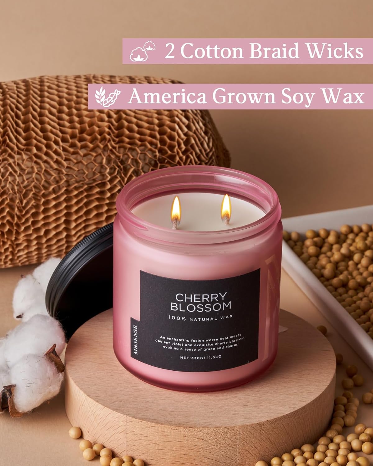 M&SENSE Cherry Blossom Scented Spring Candle, 70 Hours Long Lasting Soy Wax 11.6oz Stress Relief