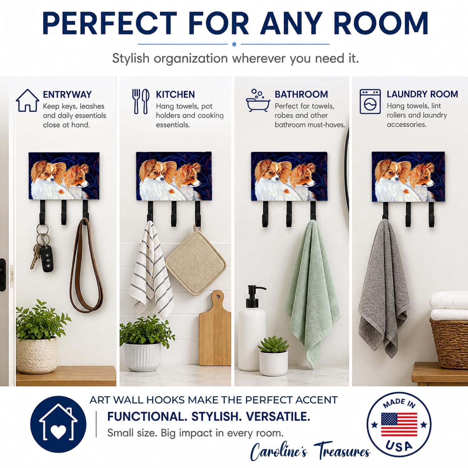 Caroline's Treasures 7241TH68 Papillon Leash or Key Holder, Wall Hooks, Key Hooks Holder, Coat Rack