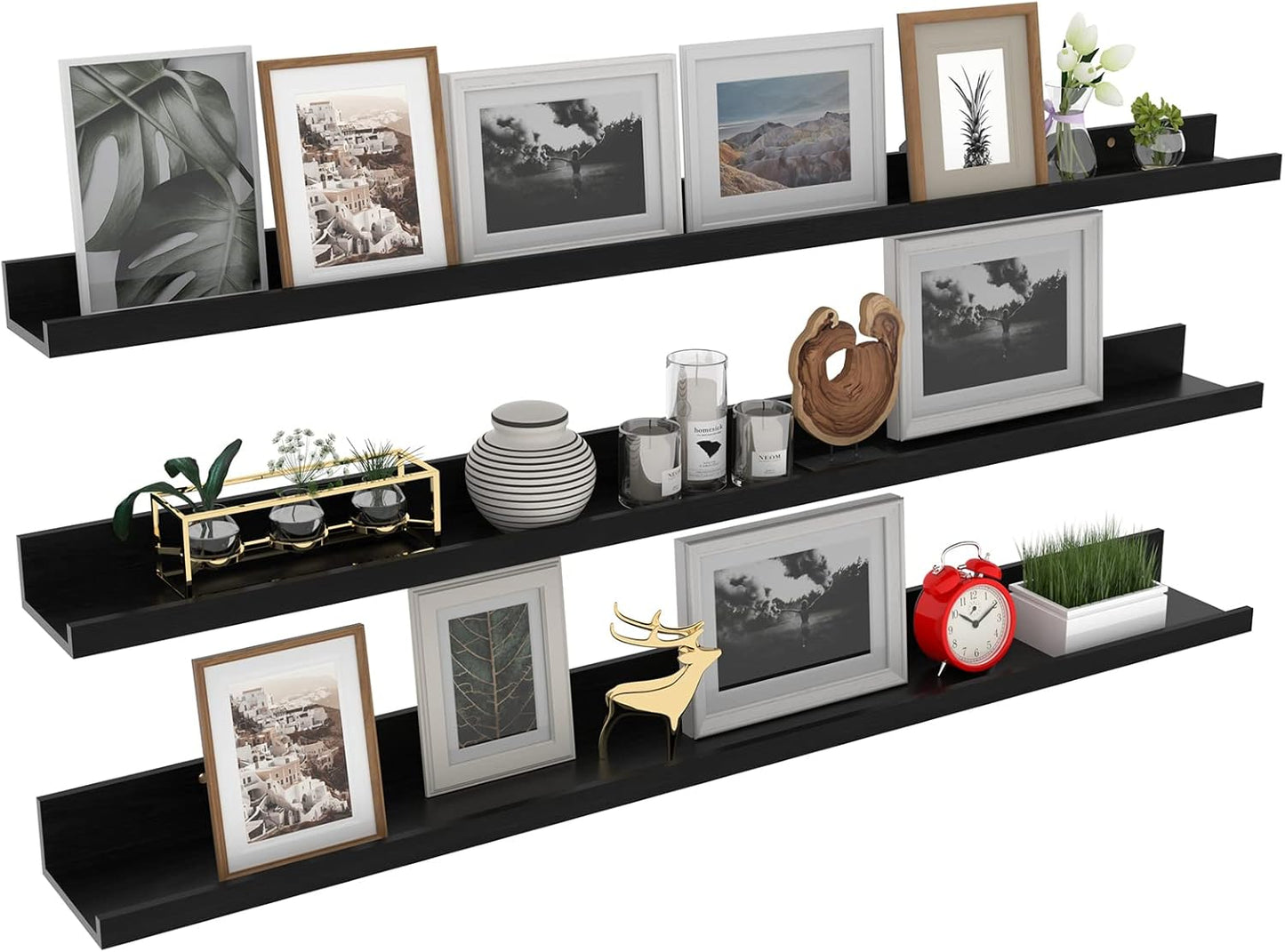 Giftgarden 47 Inch Black Floating Shelves Ledge, Wall Mount Long Picture Rail Large Woodgrain Photo