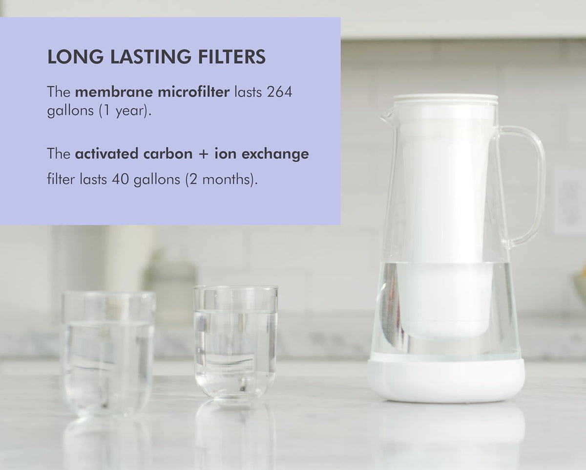 LifeStraw Home Water Pitcher, 7-Cup, White, Glass with Silicone Base, White, for Everyday