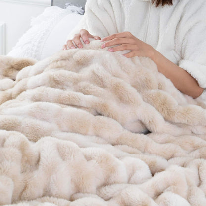BATTILO HOME Ruched Luxurious Soft Beige Faux Fur Throw Blanket Fuzzy Plush Elegant with Reversible