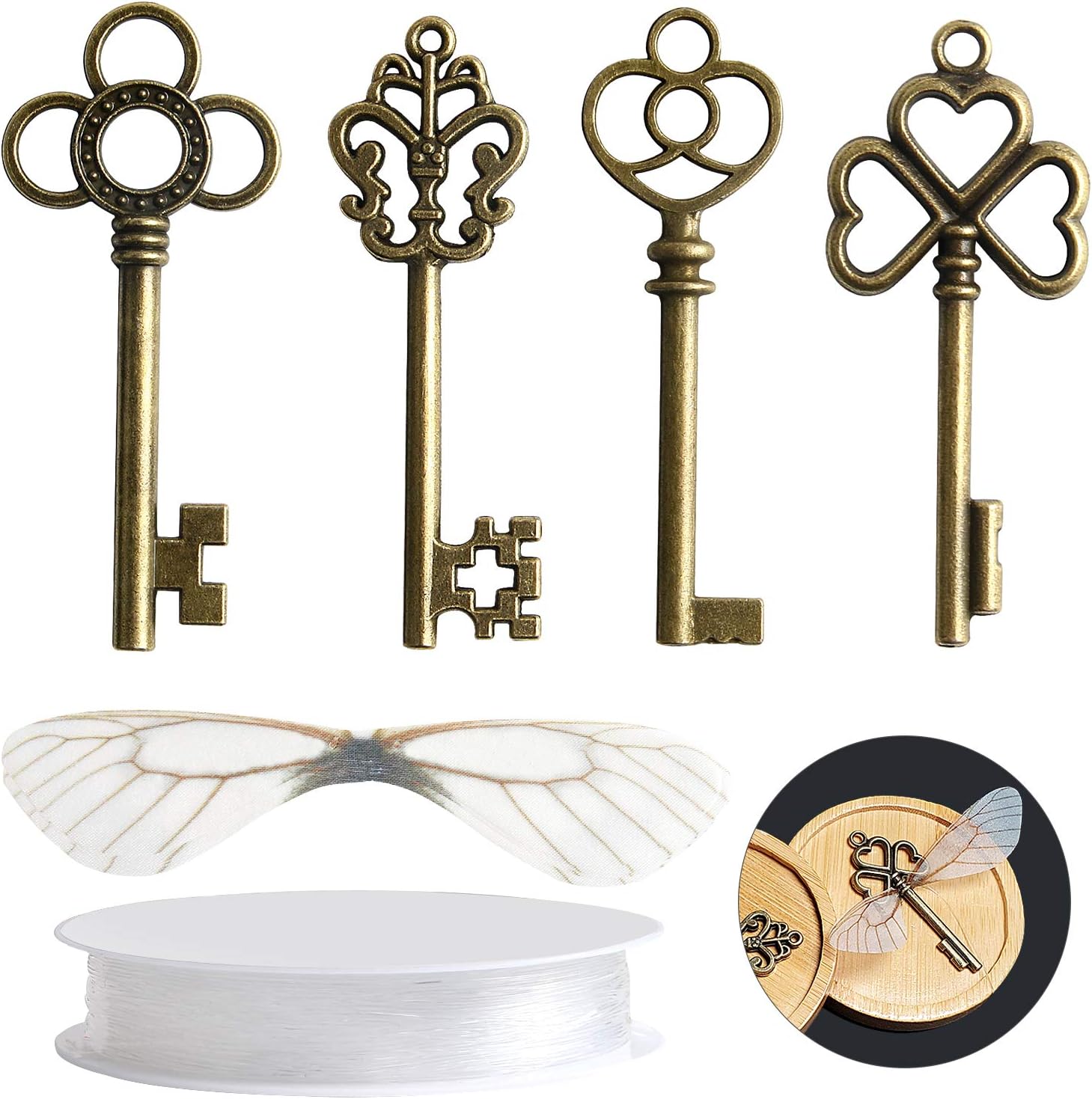 SANNIX 30 PCS Vintage Skeleton Keys Flying Keys with 30 Pairs Dragonfly Wings and 30 Yards Elastic