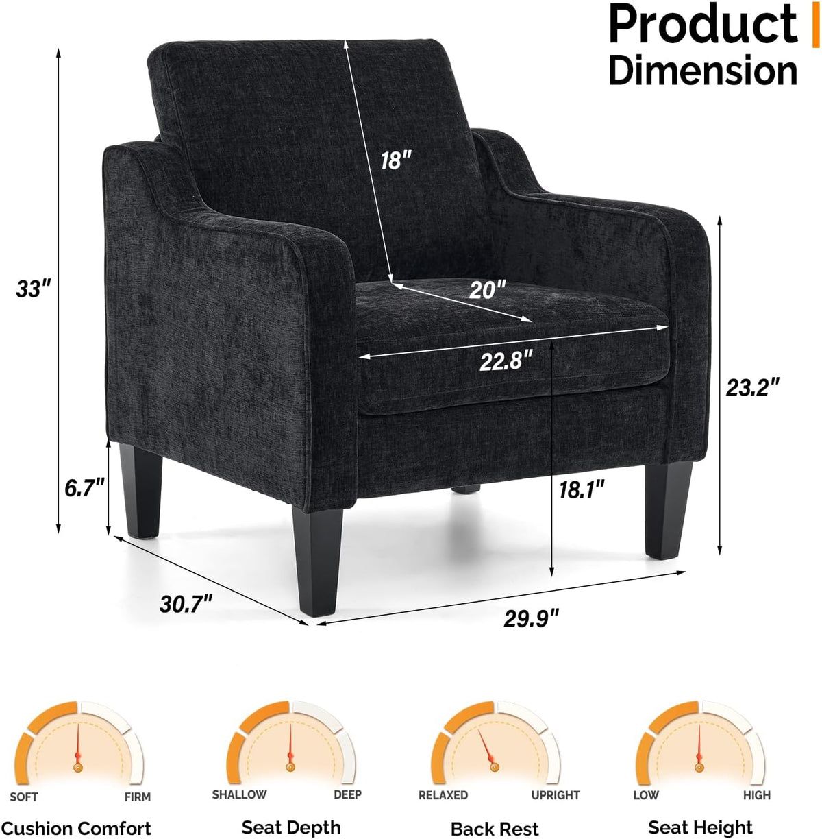 VINGLI Living Room Chairs Set of 2, Black Accent Chair 5.5" Thick Seat Cushion Comfy Chair Soft