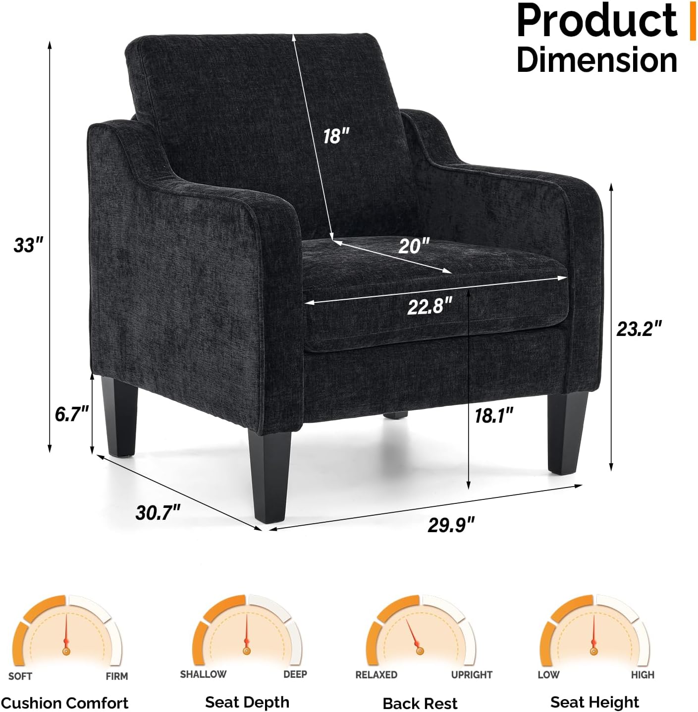 VINGLI Mid Century Modern Accent Chairs, Black Soft Chenille Reading Chair Upholstered Armchair