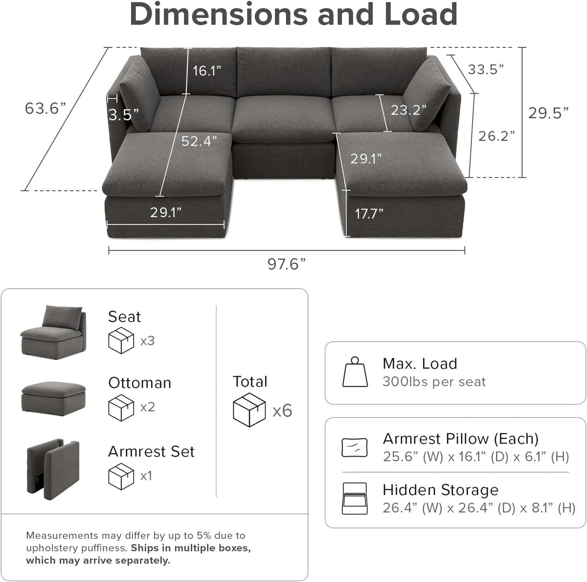 mopio Oversized Modular Sectional Sofa with Fully Removable Covers and Storage, Convertible U