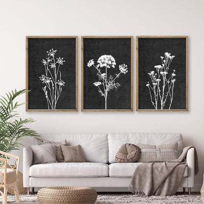 Flower Plant Wall Art Decor 16"x11" Set of 3 Black And White Botanical Painting Wood Framed For