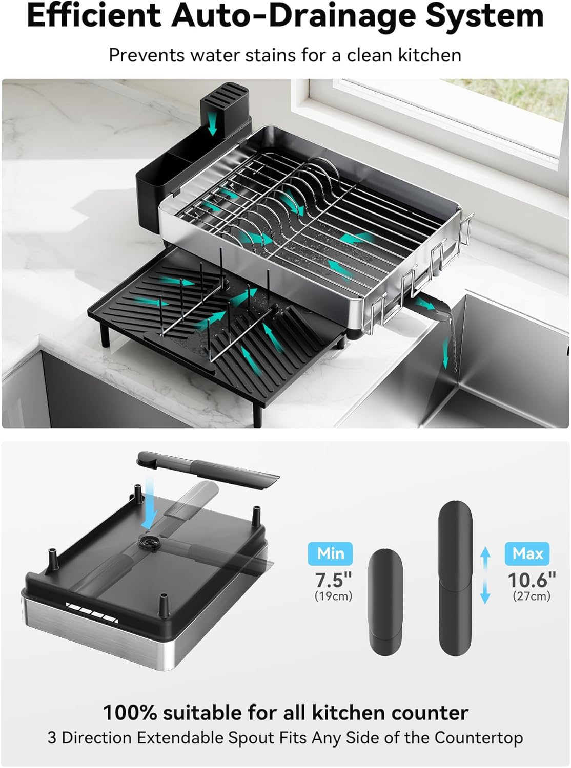 SUNLY Large Dish Drying Rack, Expandable Dish Racks for Kitchen Counter, Space Saving 304 Stainless