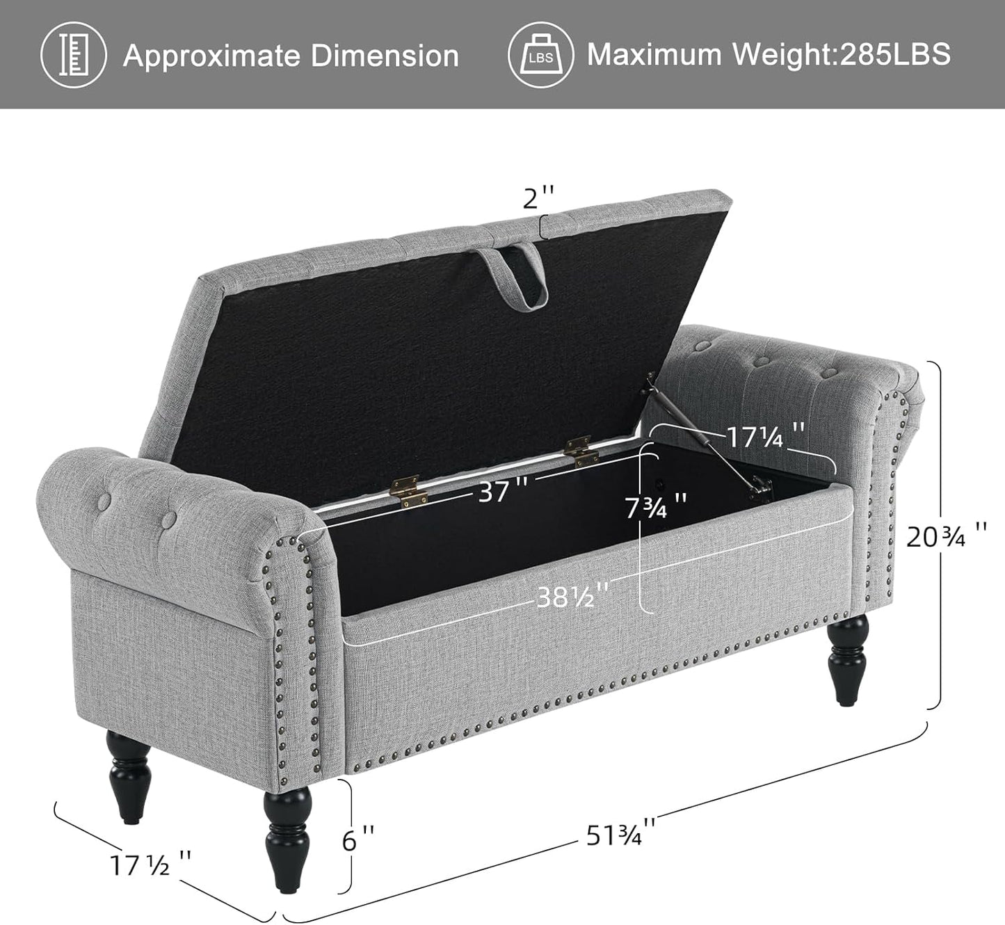 Furniliving 51” Bedroom Bench, End of Bed Bench with Button-Tufted Large Upholstered Storage Bench