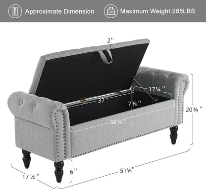 Furniliving 51” Bedroom Bench, End of Bed Bench with Button-Tufted Large Upholstered Storage Bench