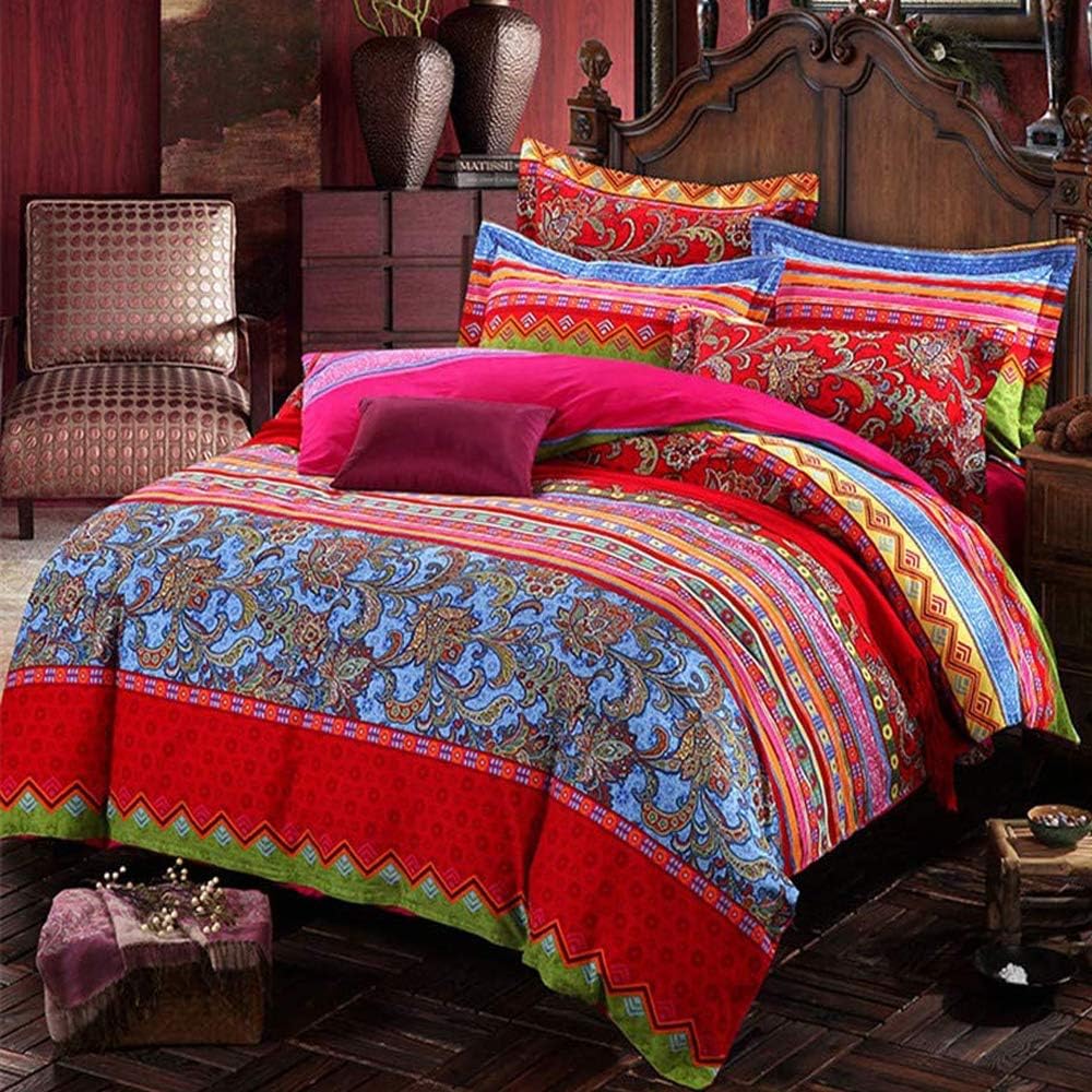 ABREEZE Bohemian Duvet Cover Set Colorful Red Boho Retro Bedding Set Damask Paisley Cotton Duvet