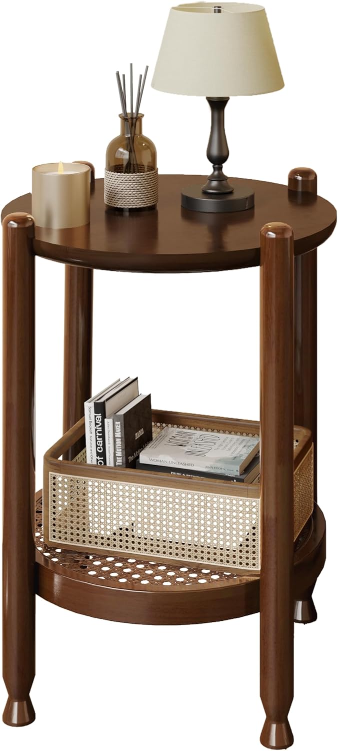 NSdirect Round End Table for Living Room, 2-Tier Rustic Wood Center Table for Home Decor with Boho