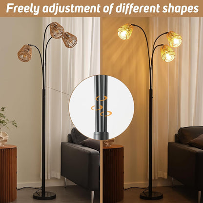 Rattan Floor Lamp for Living Room, 72 Inch Tall Boho Floor Lamp with Rotary Switch, 3 Light Arc