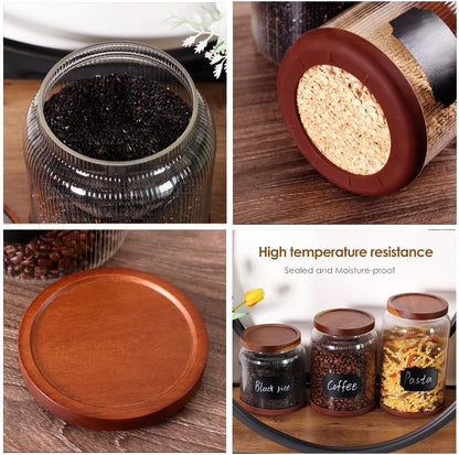 SAIOOL 2-Pack Striped Borosilicate Glass Airtight Canisters - Big mouth Large Capacity, Acacia Wood