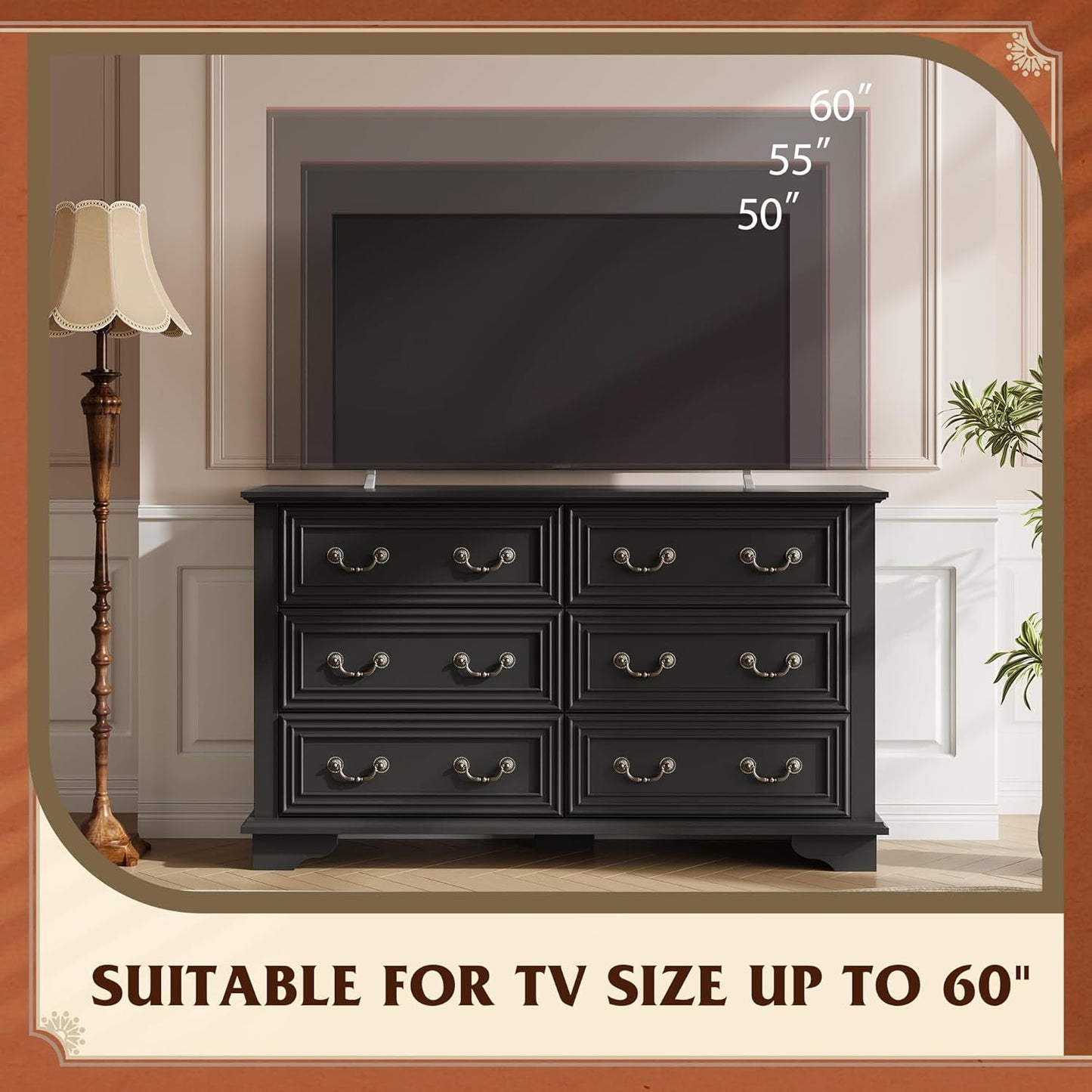 WLIVE Farmhouse Dresser for Bedroom, 51.97'' Wide Wood 6 Drawer Dresser, Chest of Drawers with