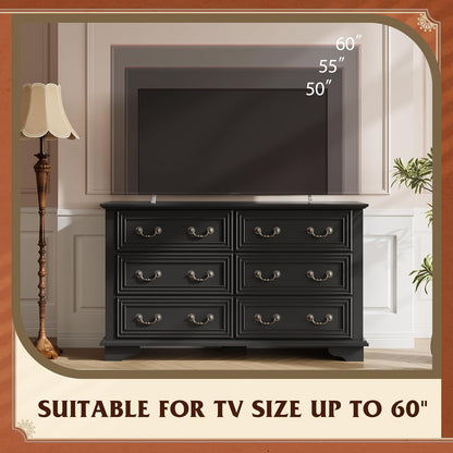 WLIVE Farmhouse Dresser for Bedroom, 51.97'' Wide Wood 6 Drawer Dresser, Chest of Drawers with