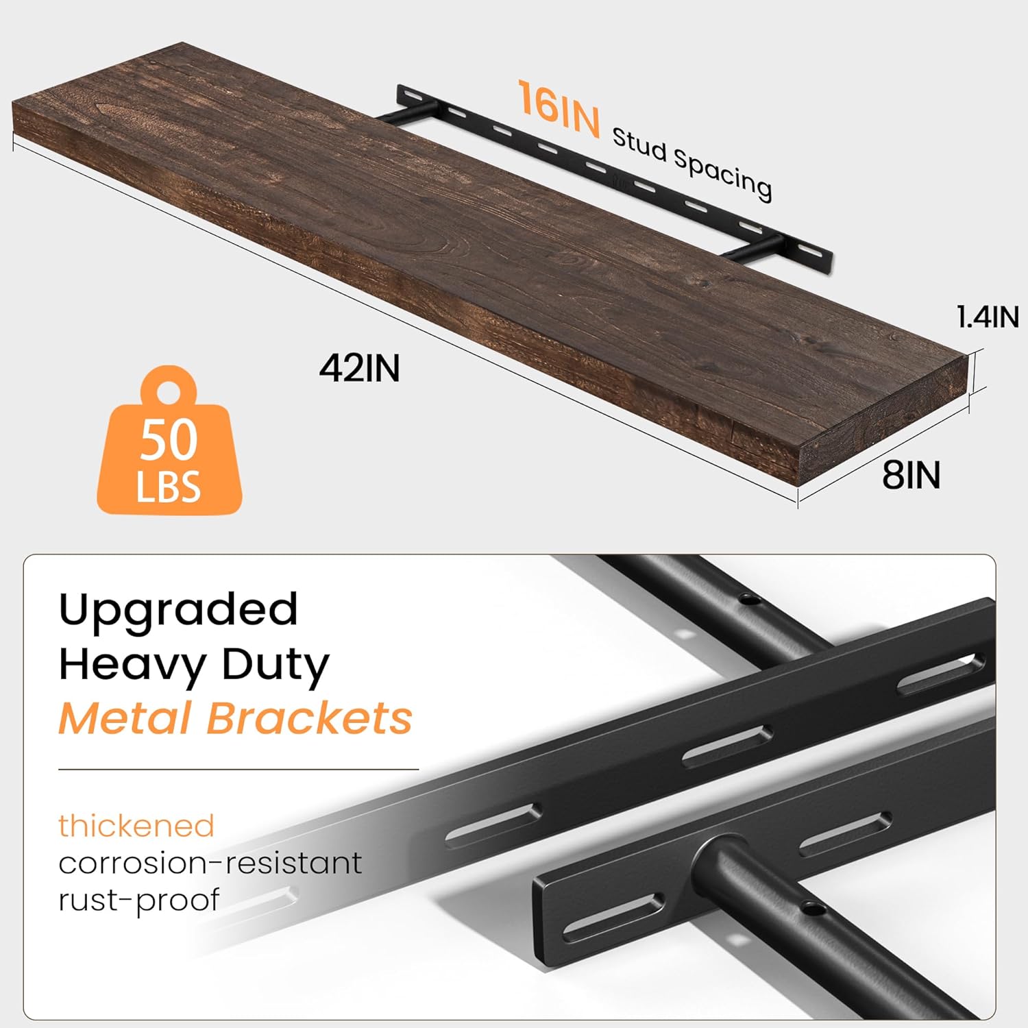 Fun Memories Solid Elm Wood Floating Shelves, 42 Inch Floating Shelves for Wall, Rustic Wooden