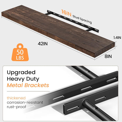 Fun Memories Solid Elm Wood Floating Shelves, 42 Inch Floating Shelves for Wall, Rustic Wooden
