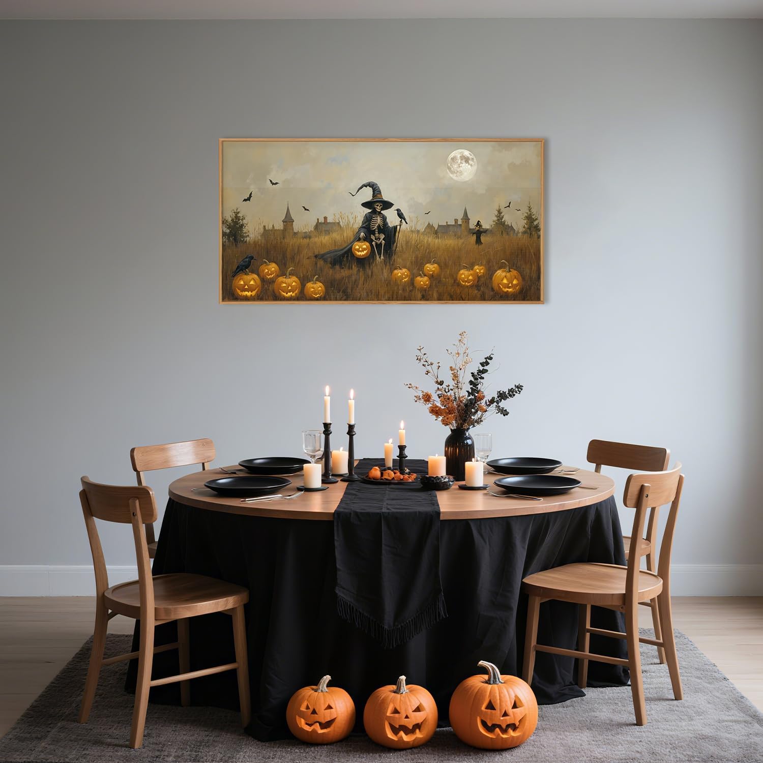 Celestdeco Halloween Ghost Reaper Framed Wall Art Set, Scary Witchy and Pumpkin Wall Decor, Horror