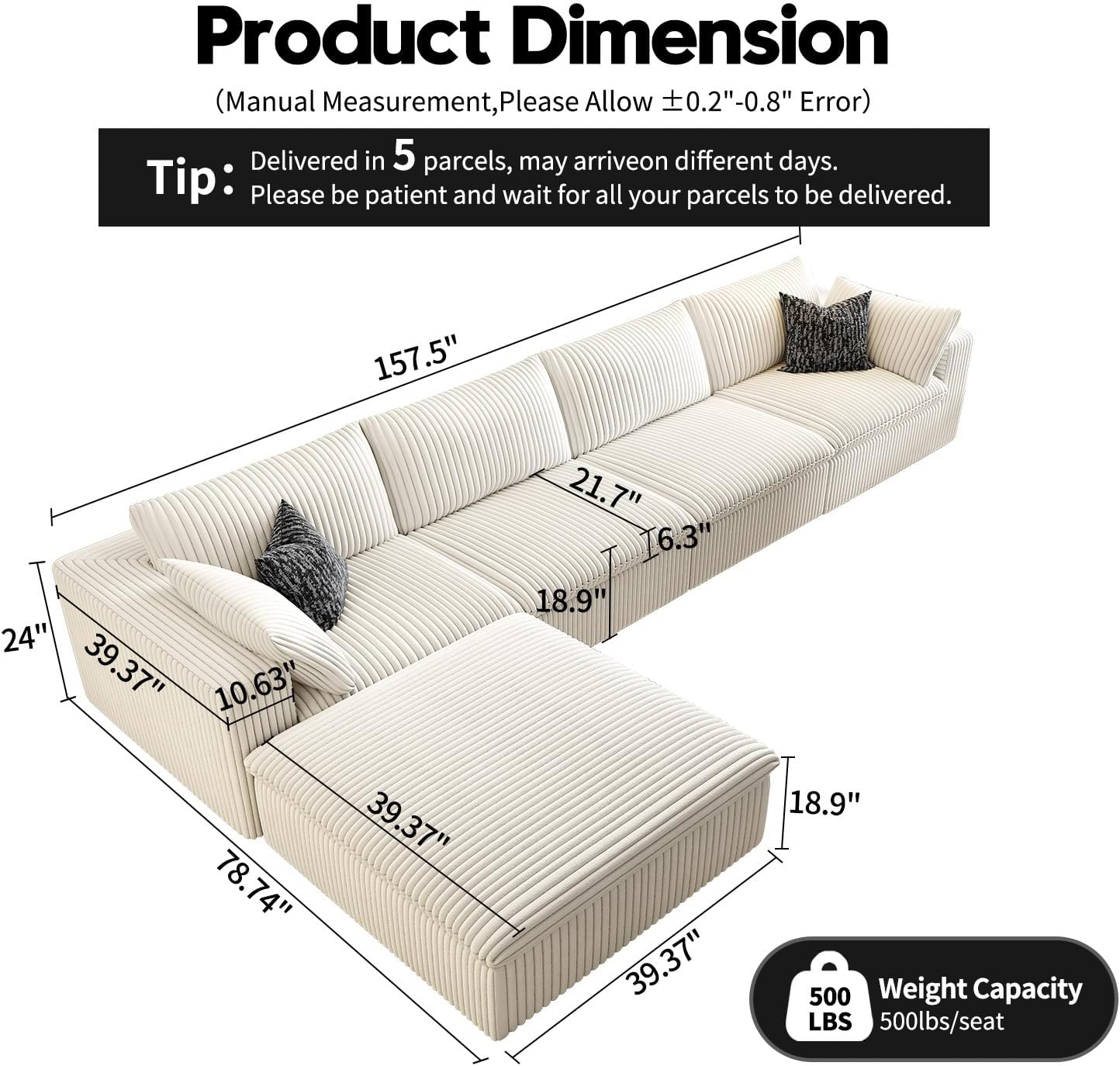157.5" Cloud Couch Modular Sectional Sofa for Living Room,Modern Sofa with Deep Seat，L-Shape