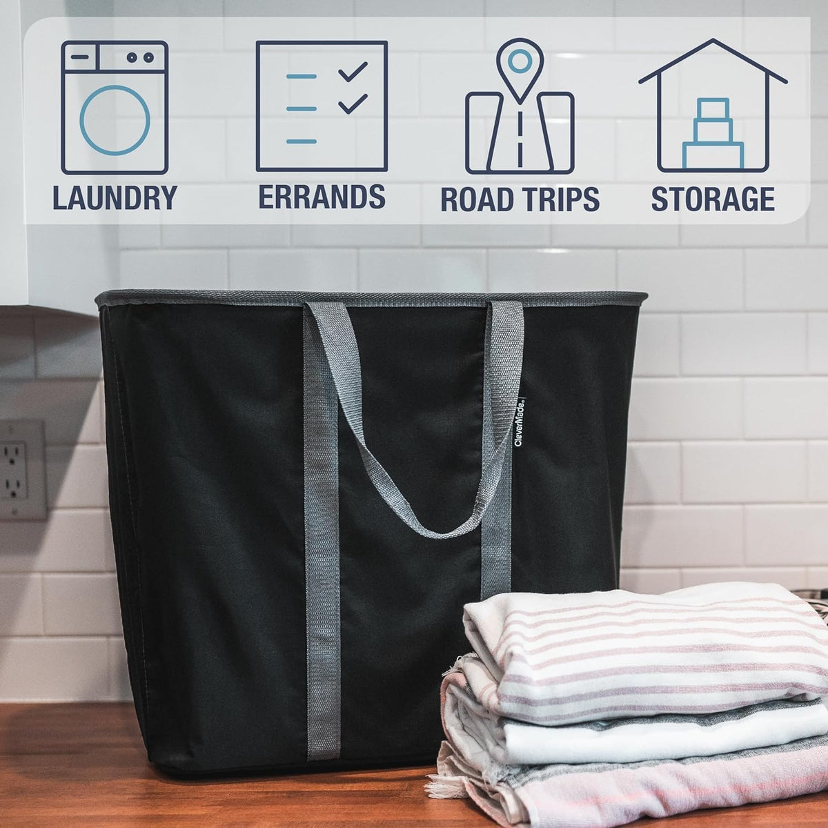 CleverMade Collapsible Laundry Caddy, 64L Pop-Up Hamper, 2 Pack, Denim Gray