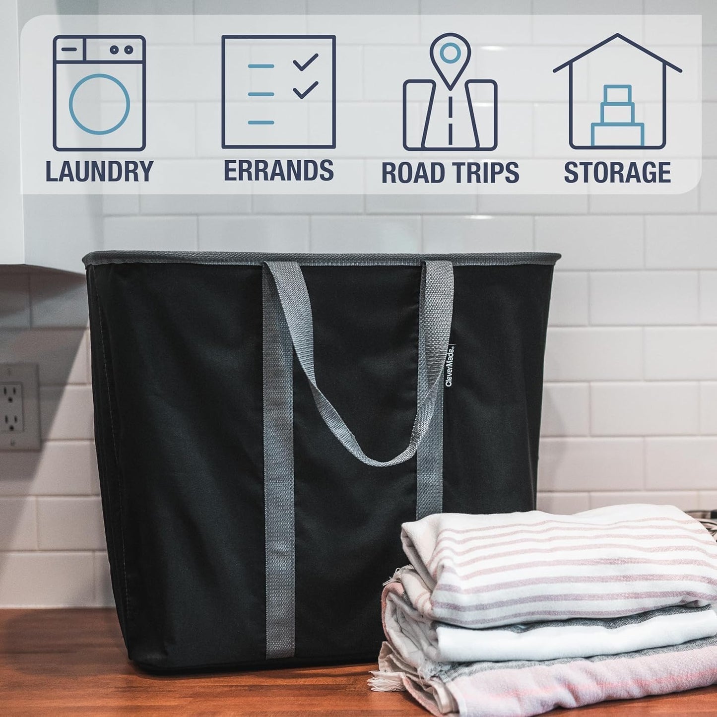 CleverMade Collapsible Laundry Caddy, 64L Pop-Up Hamper, 2 Pack, Black Gray