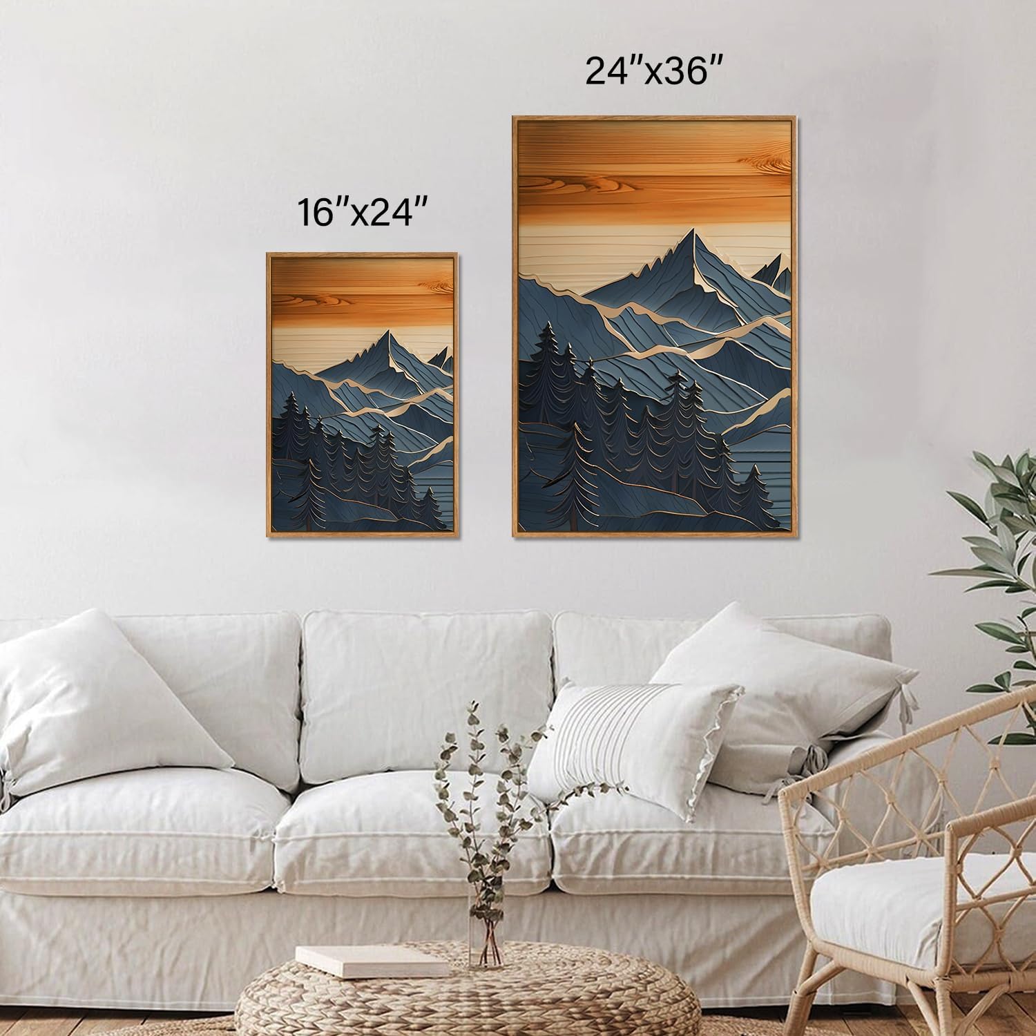 Tinonedraw Metal Mountain Framed Canvas Wall Art, Boho Mountains Artworks, Mid Century Modern Blue
