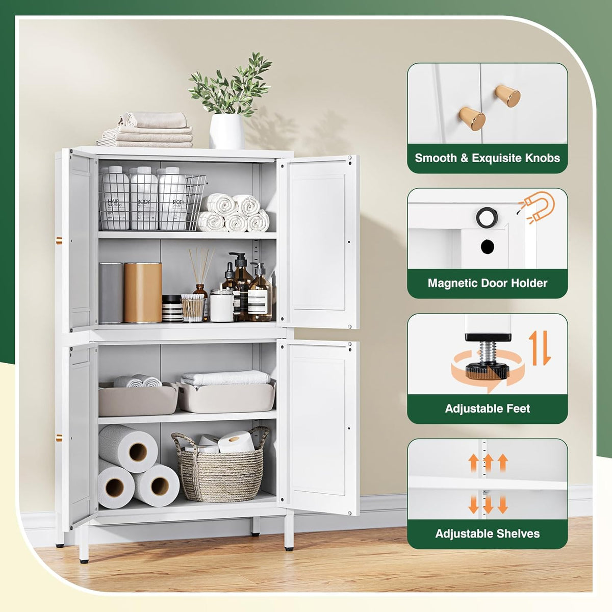 Letaya Storage Cabinet with Doors and Shelves,Small Freestanding Bathroom Floor Metal Cabinets